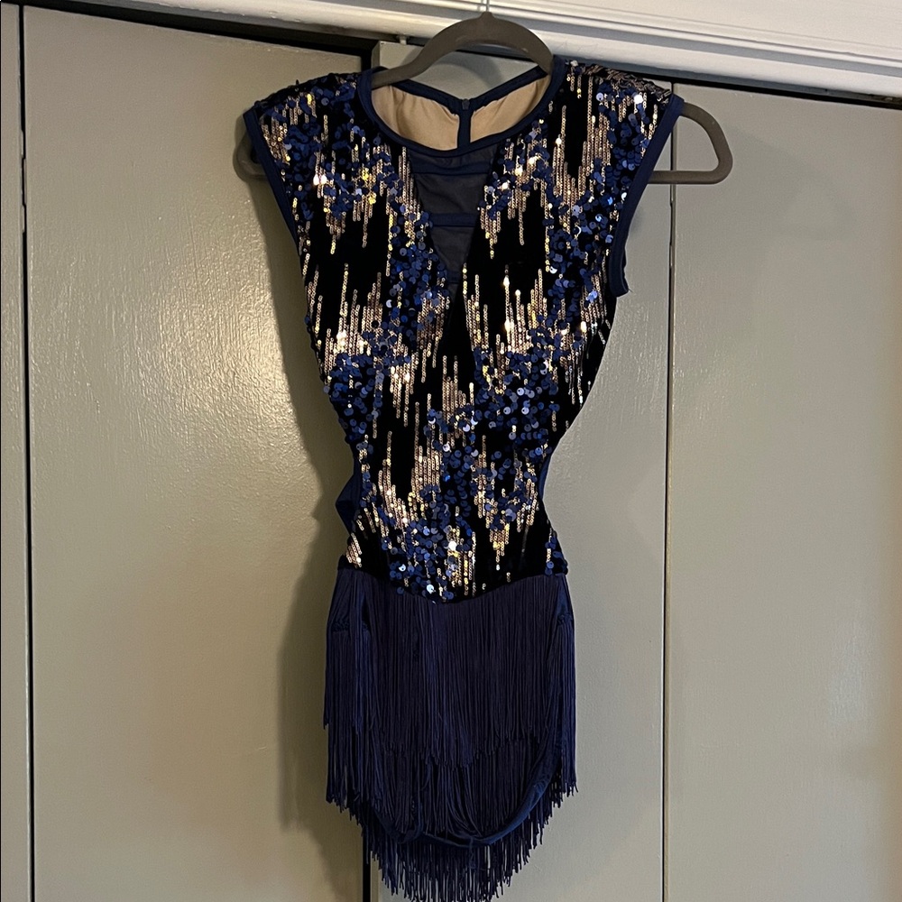Weissman Blue and Silver Sequin Dance Costume with fringe skirt